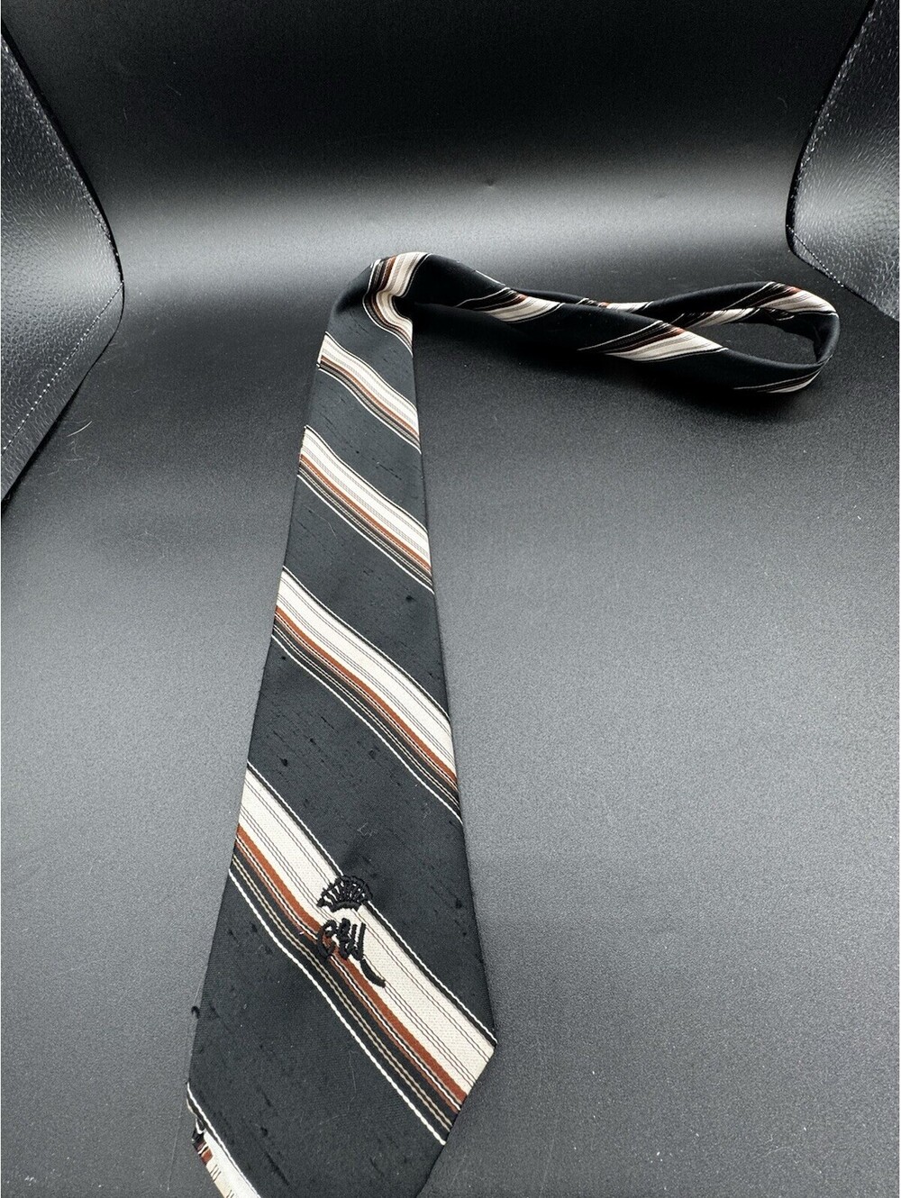 Vintage Countess Mara Men’s Tie Black Brown Stripe Embroidered Logo 55”
